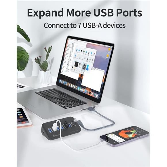 7 Ports USB 3.0 Hub, 5Gbps USB Port Hub w/ a 3.3ft USB A to C Right Angle Cable - Picture 2 of 6